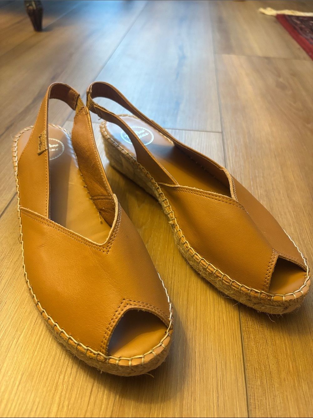 MADE IN SPAIN - Leather Slingback Espadrille Peep-Toe Flats — Tan